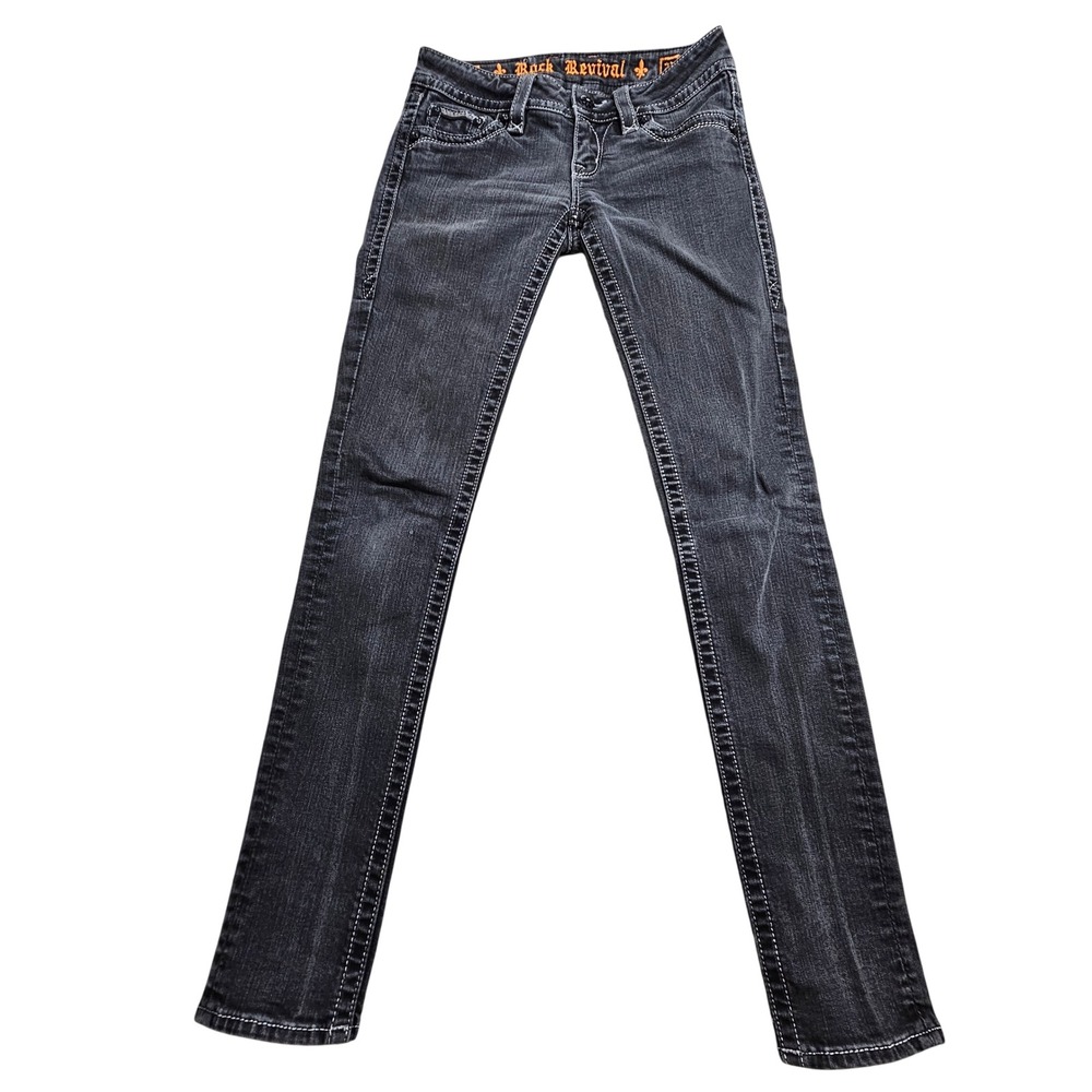 Rock Revival Celine Skinny Jeans Women 27 Black Faded Contrast Fleur-De-Lis